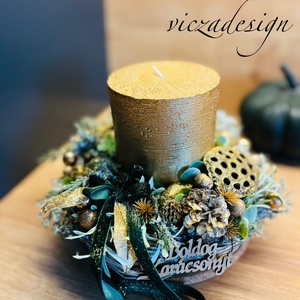 Matt arany és sötétzöld színvilágú adventi dísz, koszorú  természetes hatással, Karácsony, Adventi díszek, Adventi gyertyadíszek és koszorúdíszek, Virágkötés, MESKA