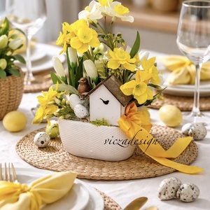 Nárciszos tavaszi madárkás asztaldísz keramia kaspóban - Meska.hu