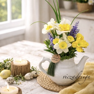 Nárciszos tavaszi kancsós asztaldísz kerámia kaspóban - Meska.hu