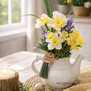 Nárciszos tavaszi kancsós asztaldísz kerámia kaspóban - otthon & életmód - dekoráció - asztal és polc dekoráció - asztaldísz - Meska.hu