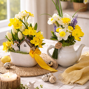 Nárciszos tavaszi kancsós asztaldísz kerámia kaspóban - otthon & életmód - dekoráció - asztal és polc dekoráció - asztaldísz - Meska.hu