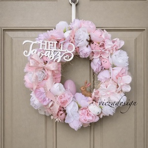 Tavaszi ajtódísz � Hello Tavasz virágkoszorú nyuszival - Meska.hu