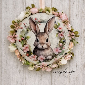 Nyuszis ajtódísz, apróvirágokkal dekorálva - ünnepi díszek, dekorációk - húsvéti díszek és dekorációk - húsvéti ajtódísz, kopogtató - Meska.hu