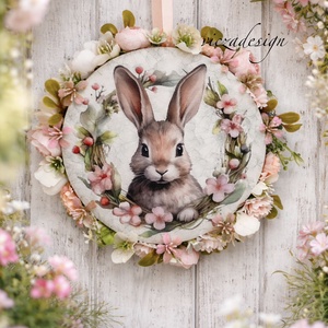 Nyuszis ajtódísz, apróvirágokkal dekorálva, Ünnepi díszek, dekorációk, Húsvéti díszek és dekorációk, Húsvéti ajtódísz, kopogtató, , Kb. 17 cm átmérőjű, nyuszis húsvéti kopogtató, művirágokkal díszítve., MESKA