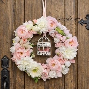 Óriás tavaszi ajtódísz madárkával, Ünnepi díszek, dekorációk, Húsvéti díszek és dekorációk, Húsvéti ajtódísz, kopogtató, Virágkötés, MESKA