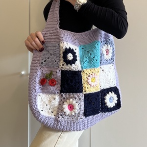 granny-square stílusú horgolt  szatyor , Táska & Tok, Bevásárlás & Shopper táska, Shopper, textiltáska, szatyor, Horgolás, MESKA