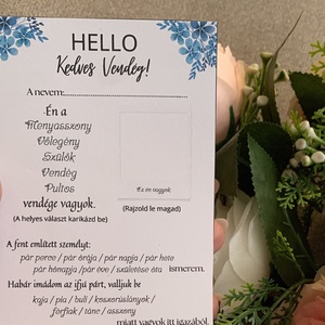 Hello Kedves Vendég!  Esküvői vendégkártya kitölthető játéklappal (8x20 cm, kék virágos) - Meska.hu