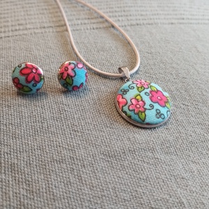 Kék virágos gomb fülbevaló és nyaklánc  - ékszer - fülbevaló - lógós kerek fülbevaló - Meska.hu