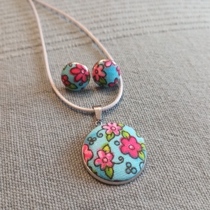 Kék virágos gomb fülbevaló és nyaklánc  - ékszer - fülbevaló - lógós kerek fülbevaló - Meska.hu