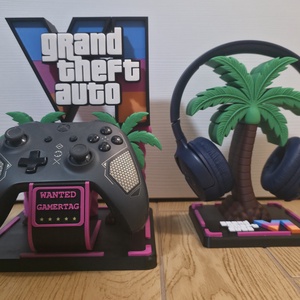 GTA Vice City stílusú fejhallgató állvány � pálmafás gamer dekoráció - otthon & életmód - tárolás & rendszerezés - kontroller tartók - Meska.hu