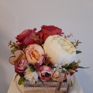 Virágbox / asztaldísz fa dobozban vintage bézs-mályva árnyalatokkal  - otthon & életmód - dekoráció - Meska.hu