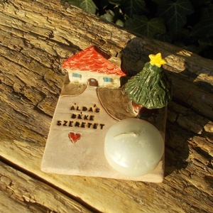 Mécsestartó apró házzal., Otthon & Életmód, Gyertya, illat, aroma, Mécses és mécsestartó, Kerámia, MESKA