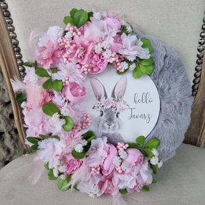 Nyuszis tavaszi ajtódísz, Otthon & Életmód, Dekoráció, Ajtó- és ablak dekoráció, Ajtódísz & Kopogtató, Virágkötés, MESKA