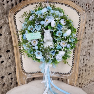 Tavaszi ajtódísz nyuszival, Ünnepi díszek, dekorációk, Húsvéti díszek és dekorációk, Húsvéti ajtódísz, kopogtató, Virágkötés, MESKA