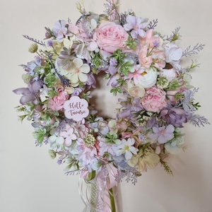 Tavaszi pasztell ajtódísz, Otthon & Életmód, Dekoráció, Ajtó- és ablak dekoráció, Ajtódísz & Kopogtató, Virágkötés, MESKA