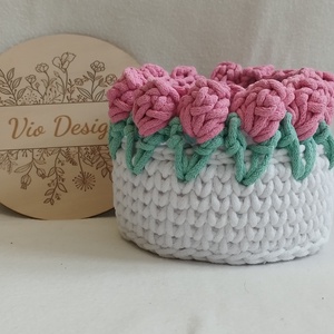 Tulipános Horgolt kosár , Otthon & Életmód, Dekoráció, Asztal és polc dekoráció, Horgolt & Csipketerítő, Horgolás, MESKA