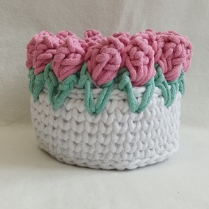 Tulipános Horgolt kosár  - otthon & életmód - dekoráció - asztal és polc dekoráció - horgolt & csipketerítő - Meska.hu