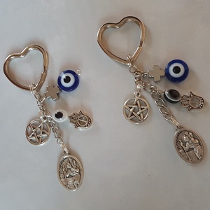 Angelika részére - 2 db Utazók amulettje - Szent Kristóf, pentagram, védőszem és Fatima keze talizmánnal - táska & tok - kulcstartó & táskadísz - kulcstartó - Meska.hu