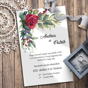 Esküvői meghívó klasszikus vörös rózsás bokrétával - esküvő - meghívó & kártya - meghívó - Meska.hu