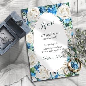 Esküvői meghívó fehér és kék virágokkal ovális keretben - Meska.hu