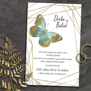 Esküvői meghívó kék pillangó modern kerettel, Esküvő, Meghívó & Kártya, Meghívó, Fotó, grafika, rajz, illusztráció, MESKA