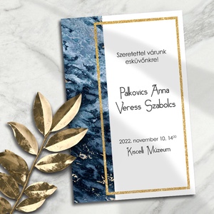 Esküvői meghívó kék márvány négyszögletes arany kerettel - esküvő - meghívó & kártya - meghívó - Meska.hu