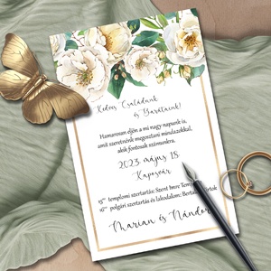 Esküvői meghívó vajszínű virágokkal arany kerettel, Esküvő, Meghívó & Kártya, Meghívó, Fotó, grafika, rajz, illusztráció, MESKA