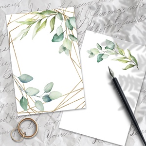 Képeslap kitölthető esküvői meghívó, greenery arany geometrikus, Esküvő, Meghívó & Kártya, Meghívó, Fotó, grafika, rajz, illusztráció, MESKA
