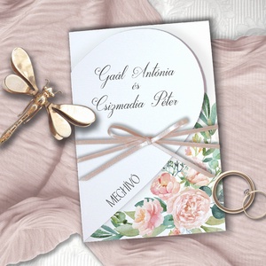 Szív alakú esküvői meghívó barackszínű akvarell virágokkal, Esküvő, Meghívó & Kártya, Meghívó, Fotó, grafika, rajz, illusztráció, MESKA