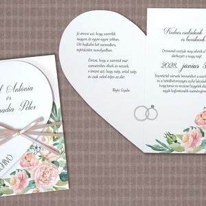 Szív alakú esküvői meghívó barackszínű akvarell virágokkal - esküvő - meghívó & kártya - meghívó - Meska.hu