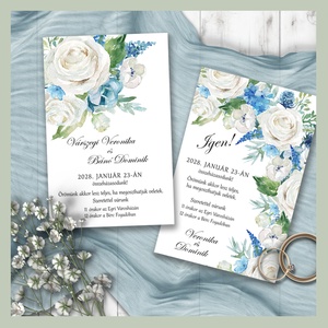 Esküvői meghívó akvarell törtfehér és kék virágokkal, Esküvő, Meghívó & Kártya, Meghívó, Fotó, grafika, rajz, illusztráció, MESKA