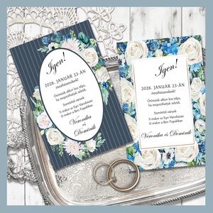 Esküvői meghívó keretbe rendezett fehér és kék virágokkal - esküvő - meghívó & kártya - meghívó - Meska.hu