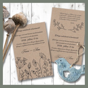 Kraft esküvői meghívó tussal rajzolt rusztikus vadvirágokkal, Esküvő, Meghívó & Kártya, Meghívó, Fotó, grafika, rajz, illusztráció, MESKA