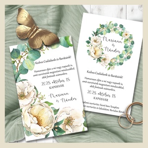 Esküvői meghívó vajszínű virágokkal és eukaliptuszágakkal, Esküvő, Meghívó & Kártya, Meghívó, Fotó, grafika, rajz, illusztráció, MESKA