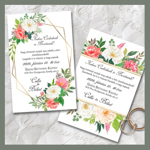 Esküvői meghívó piros-fehér virágok arany geometrikus kerettel, Esküvő, Meghívó & Kártya, Meghívó, Fotó, grafika, rajz, illusztráció, MESKA