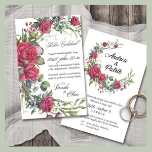 Esküvői meghívó vörösrózsa koszorú - Meska.hu