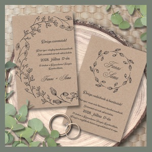 Kraft esküvői meghívó tussal rajzolt rusztikus vadvirág-koszorúval - Meska.hu