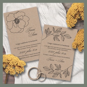 Kraft esküvői meghívó nagy minimalista line art virágokkal - Meska.hu