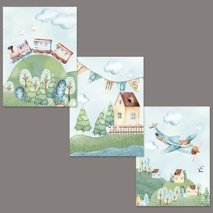 3 darabos névreszóló akvarell szett, repülős, mozdonyos, Baba - mama, Babaszoba dekoráció, Babaszoba kép, Fotó, grafika, rajz, illusztráció, MESKA