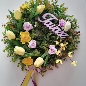 Tavaszi kopogtató, Otthon & Életmód, Dekoráció, Ajtó- és ablak dekoráció, Ajtódísz & Kopogtató, Virágkötés, MESKA