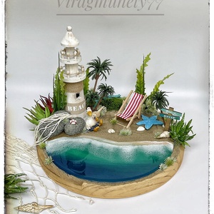 Tengerparti dekoráció, világítótoronnyal  - otthon & életmód - dekoráció - asztal és polc dekoráció - asztaldísz - Meska.hu