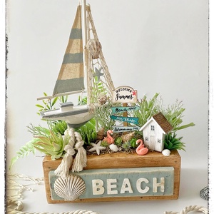 Beach asztaldísz vitorlással, Otthon & Lakás, Dekoráció, Asztal és polc dekoráció, Asztaldísz, Virágkötés, MESKA