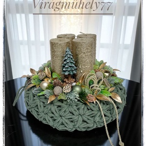 Elegáns adventi koszorú arany, zöld színekben - karácsony - adventi díszek - adventi gyertyadíszek és koszorúdíszek - Meska.hu
