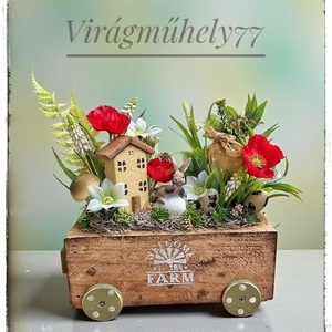 Vidám Húsvéti dekor rusztikus ládikóban, Ünnepi díszek, dekorációk, Húsvéti díszek és dekorációk, Húsvéti asztaldíszek, Virágkötés, MESKA