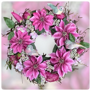 Klematisz kopogtató madárkákkal - otthon & életmód - virágdekoráció - virágdíszek - dekor koszorúk, kopogtatók - Meska.hu