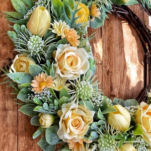 Vegyes virágos sárga kopogtató  - otthon & életmód - dekoráció - ajtó- és ablak dekoráció - ajtódísz & kopogtató - Meska.hu