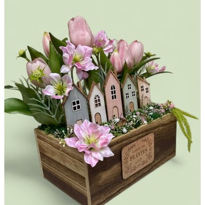 Fa ládikóba készült házikós tavaszi dísz - otthon & életmód - virágdekoráció - virágdíszek - asztali virágdísz - Meska.hu