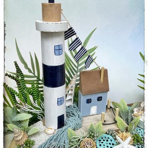 Tengerparti hangulatú dekor tálca világítótoronnyal � 32 x 12 x 28 cm - otthon & életmód - dekoráció - asztal és polc dekoráció - asztaldísz - Meska.hu