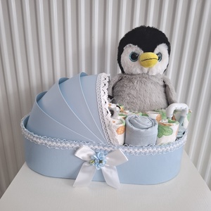 Pingvin bölcső pelenkatorta 3-6 kg, pelenkatorony, babaváró csomag, Játék & Sport, Babalátogató ajándékcsomag, Mindenmás, MESKA