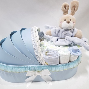 Nyuszi bölcső pelenkatorta 2-5 kg, pelenkatorony, babaváró csomag, kelengye - játék & sport - babalátogató ajándékcsomag - Meska.hu
